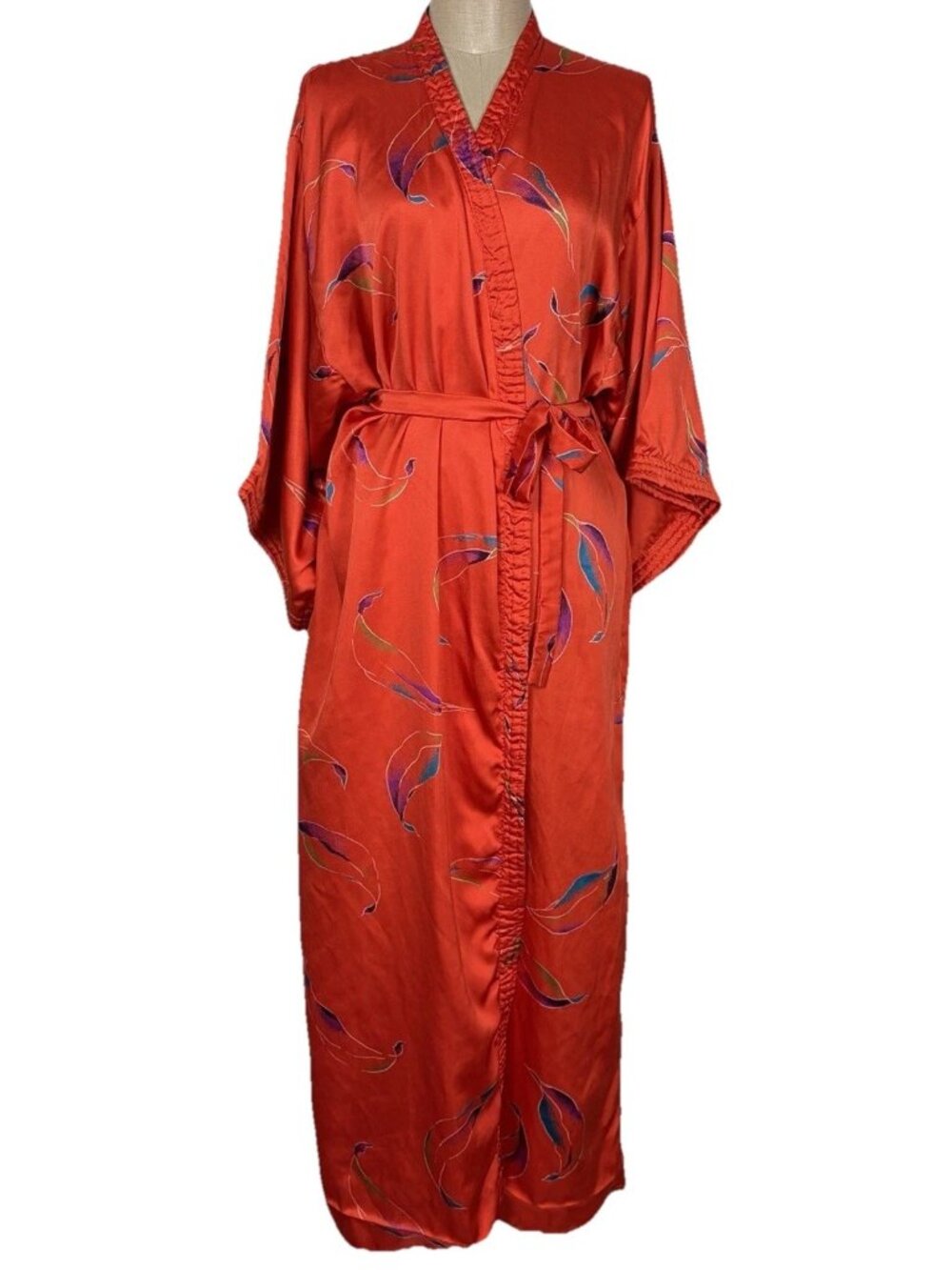 Vintage California Dynasty Style Kimono Robe Belt Red Botanical Satin Size Large